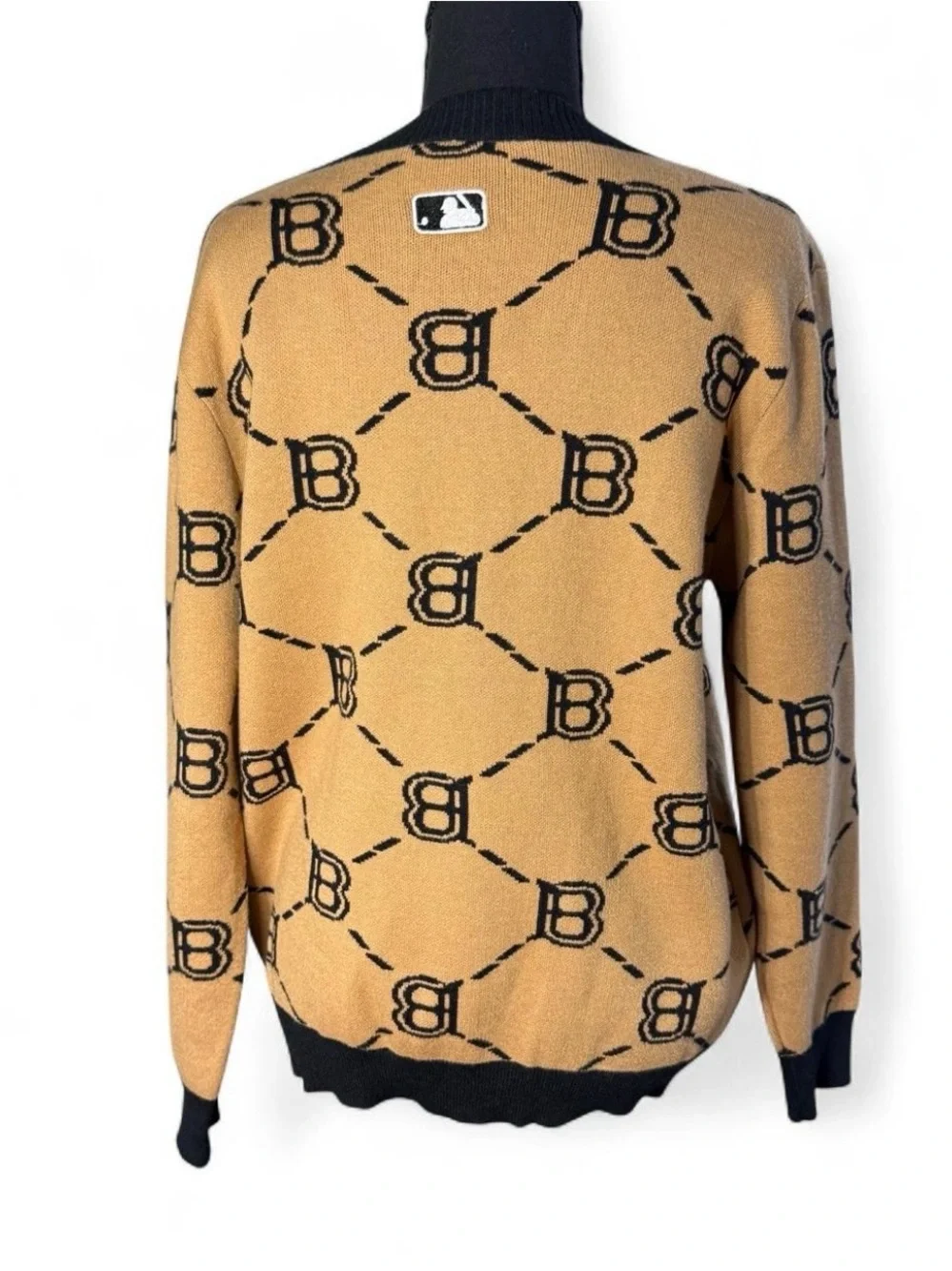 Black-Trim Camel Patterned Cardigan Sweater